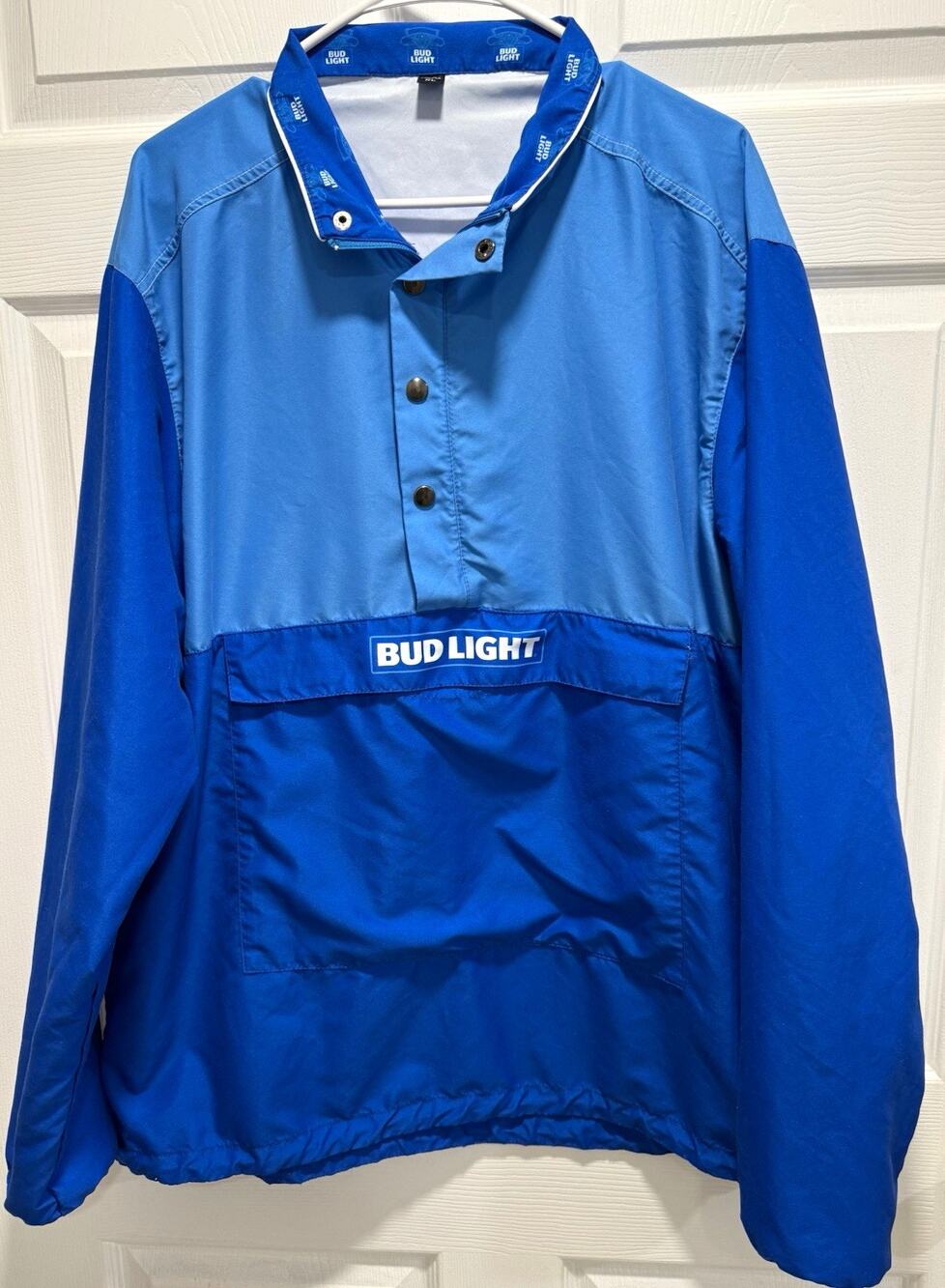 Bud Light Men’s Windbreaker Jacket XL Blue Colorblock Snap Pullover Pockets